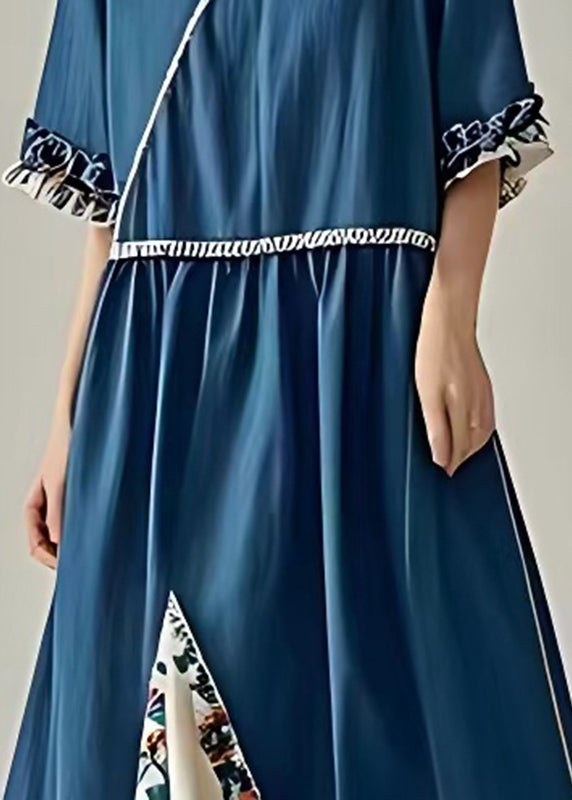Elegant Peacock Blue Ruffled Patchwork Cotton Long Dresses Summer