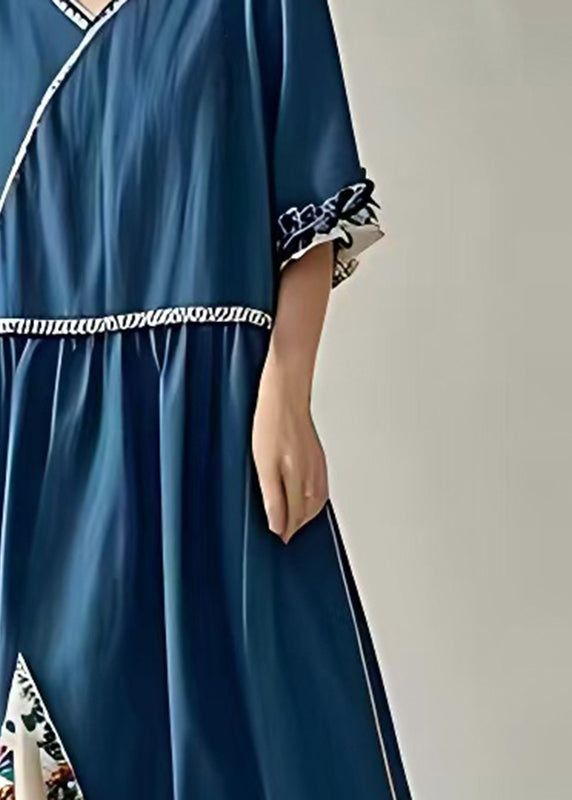 Elegant Peacock Blue Ruffled Patchwork Cotton Long Dresses Summer