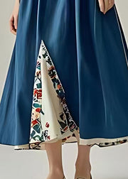 Elegant Peacock Blue Ruffled Patchwork Cotton Long Dresses Summer