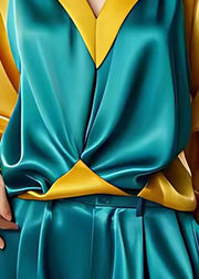 Elegant Peacock Blue V Neck Silk Cotton Shirt Long Sleeve
