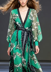 Elegant Peacock Green Cinched Print Chiffon Maxi Dresses Spring