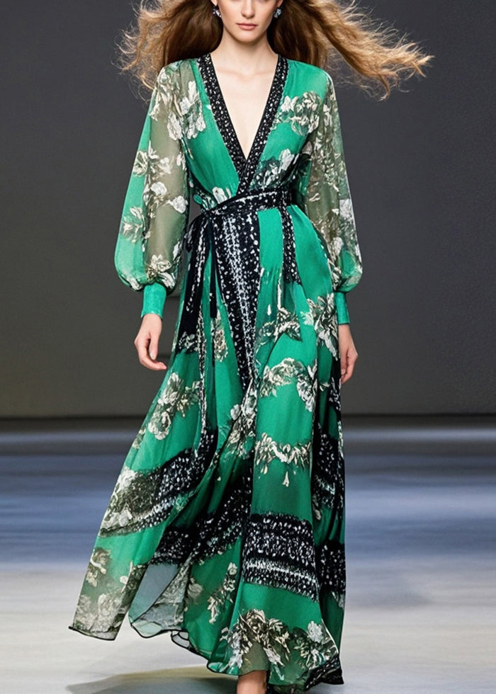 Elegant Peacock Green Cinched Print Chiffon Maxi Dresses Spring