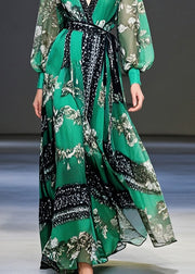 Elegant Peacock Green Cinched Print Chiffon Maxi Dresses Fall