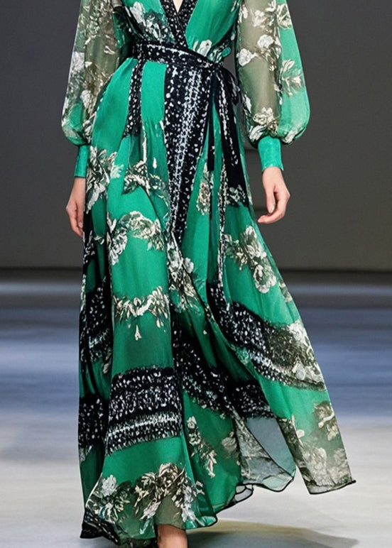 Elegant Peacock Green Cinched Print Chiffon Maxi Dresses Spring