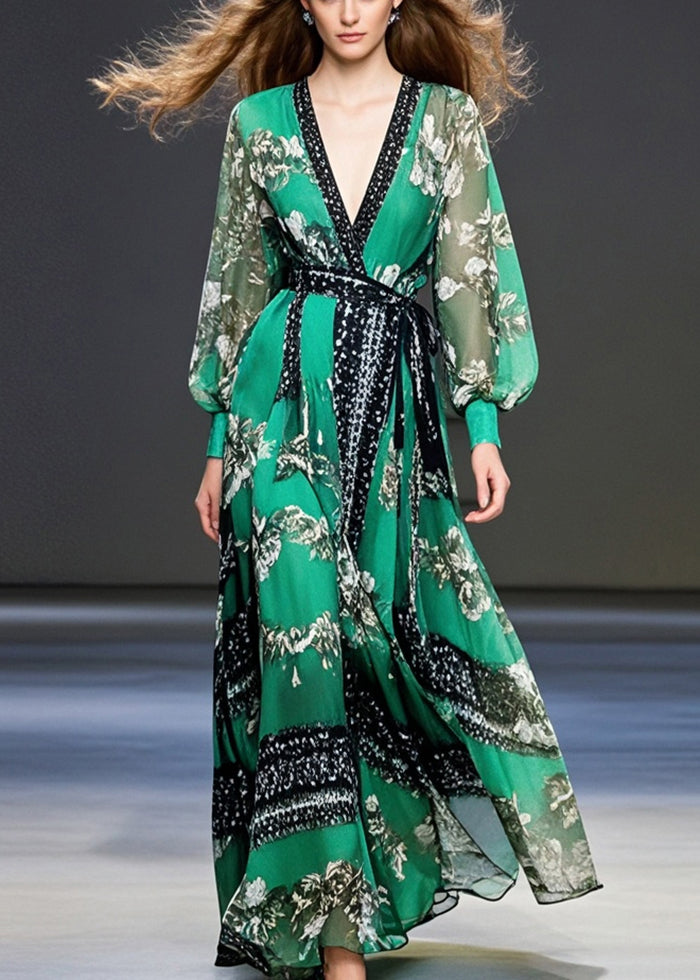 Elegant Peacock Green Cinched Print Chiffon Maxi Dresses Spring