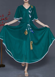 Elegant Peacock Green Embroidered Silk Long Dresses Summer