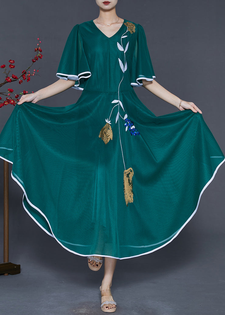 Elegant Peacock Green Embroidered Silk Long Dresses Summer