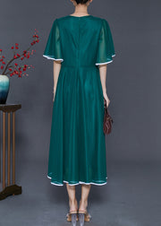 Elegant Peacock Green Embroidered Silk Long Dresses Summer