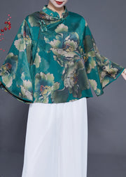 Elegant Peacock Green Mandarin Collar Print Silk Top Flare Sleeve