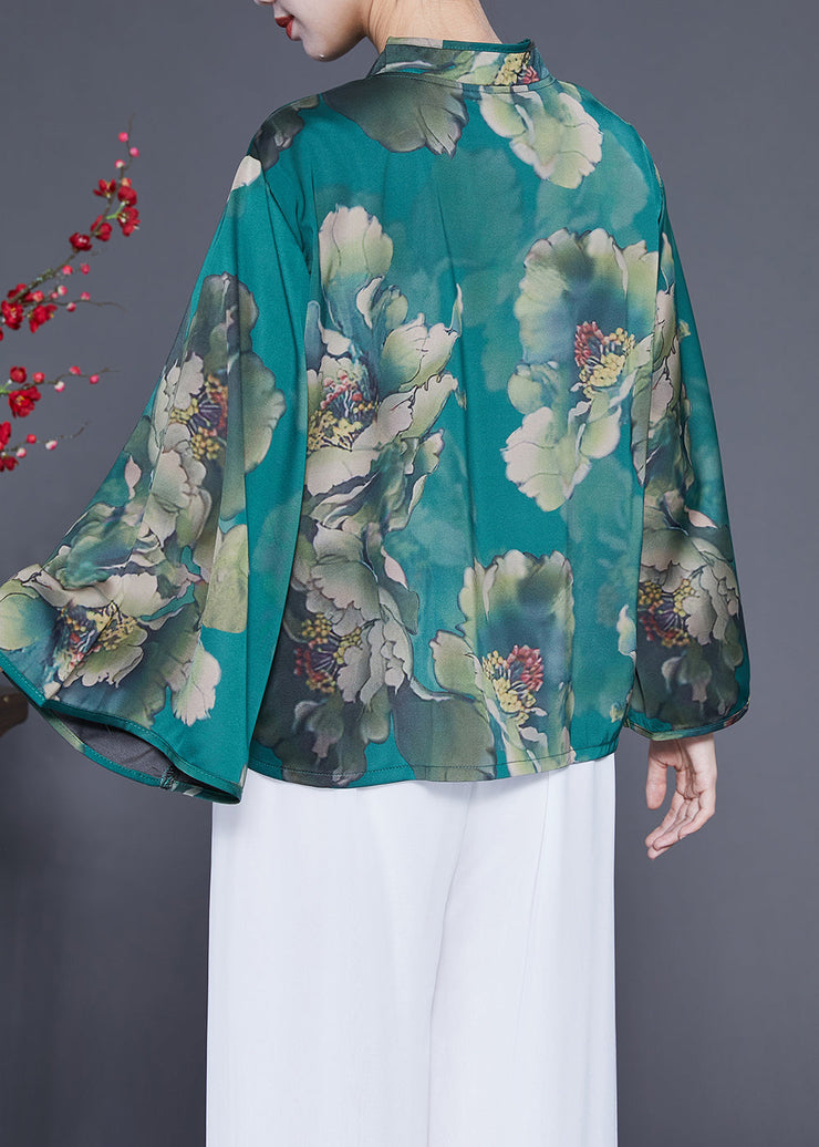 Elegant Peacock Green Mandarin Collar Print Silk Top Flare Sleeve