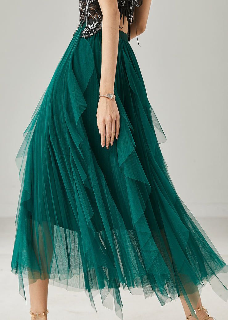Elegant Peacock Green Ruffled Tulle Holiday Skirts Summer
