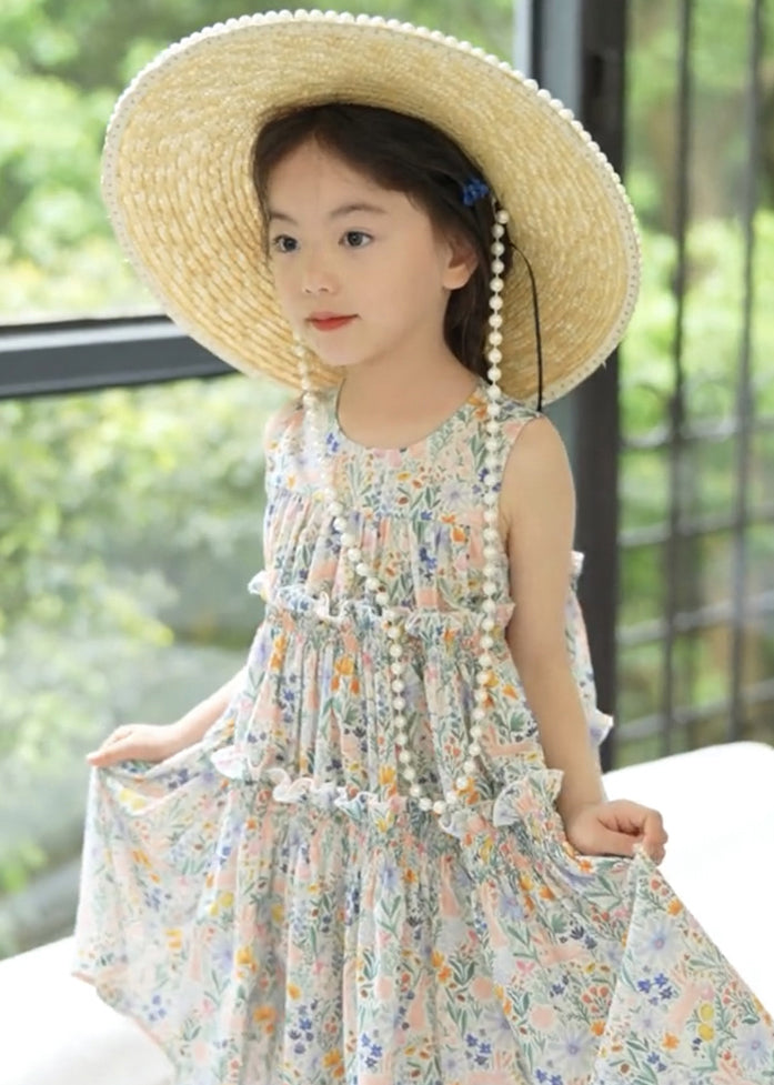 Elegant Photo Color Ruffled Print Cotton Girls Dress Sleeveless