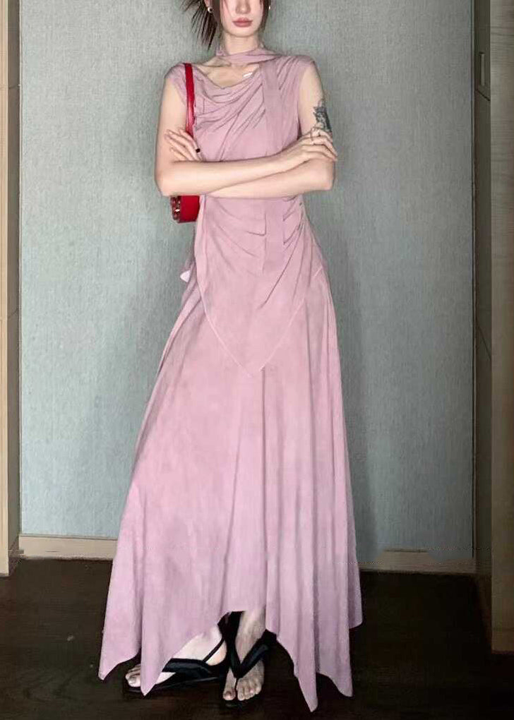 Elegant Pink Asymmetrical Tops And Skirts Cotton Two Pieces Set Sleeveless