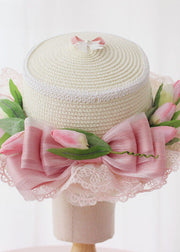 Elegant Pink Bow Lace Patchwork Straw Woven Cloche Hat