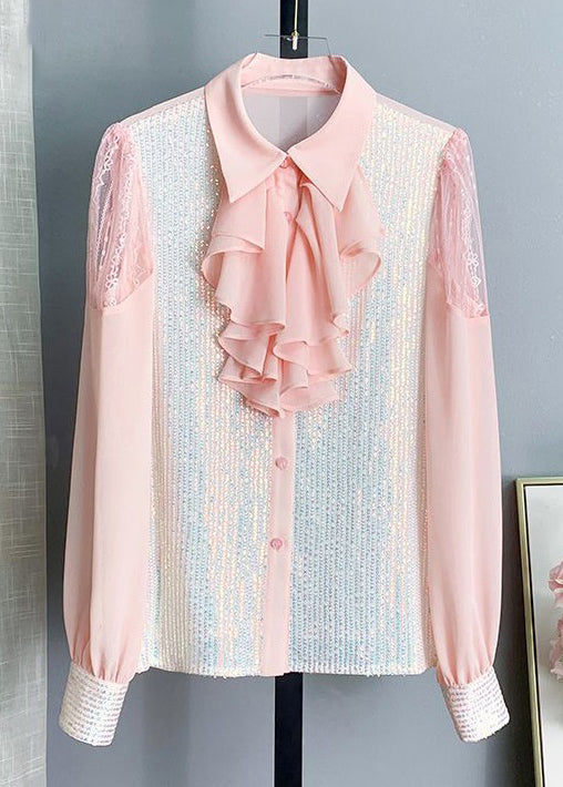 Elegant Pink Bow Sequins Patchwork Chiffon Blouses Long Sleeve