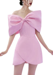 Elegant Pink Bow Solid Cotton Mid Dress Summer