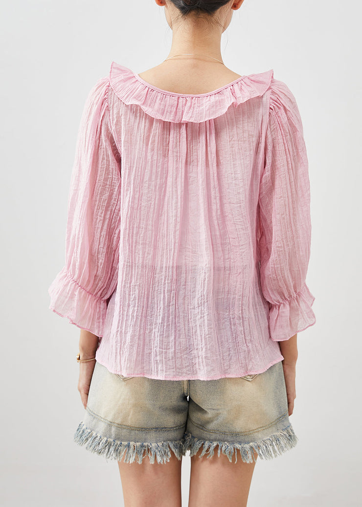 Elegant Pink Bow Wrinkled Cotton Shirts Fall