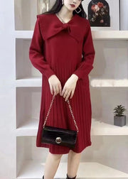 Elegant Pink Bow Wrinkled Knit Sweater Dress Winter