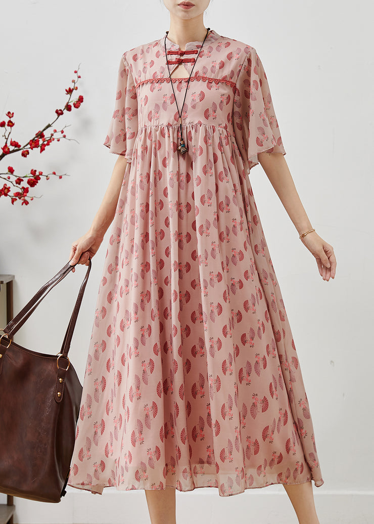 Elegant Pink Chinese Button Print Chiffon Dress Summer