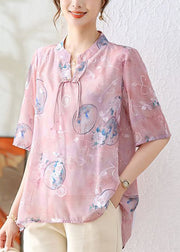 Elegant Pink Chinese Button Print Chiffon Shirt Summer