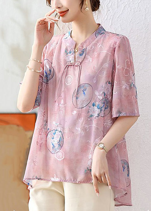 Elegant Pink Chinese Button Print Chiffon Shirt Summer