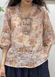 Elegant Pink Chinese Button Print Linen Shirt Half Sleeve