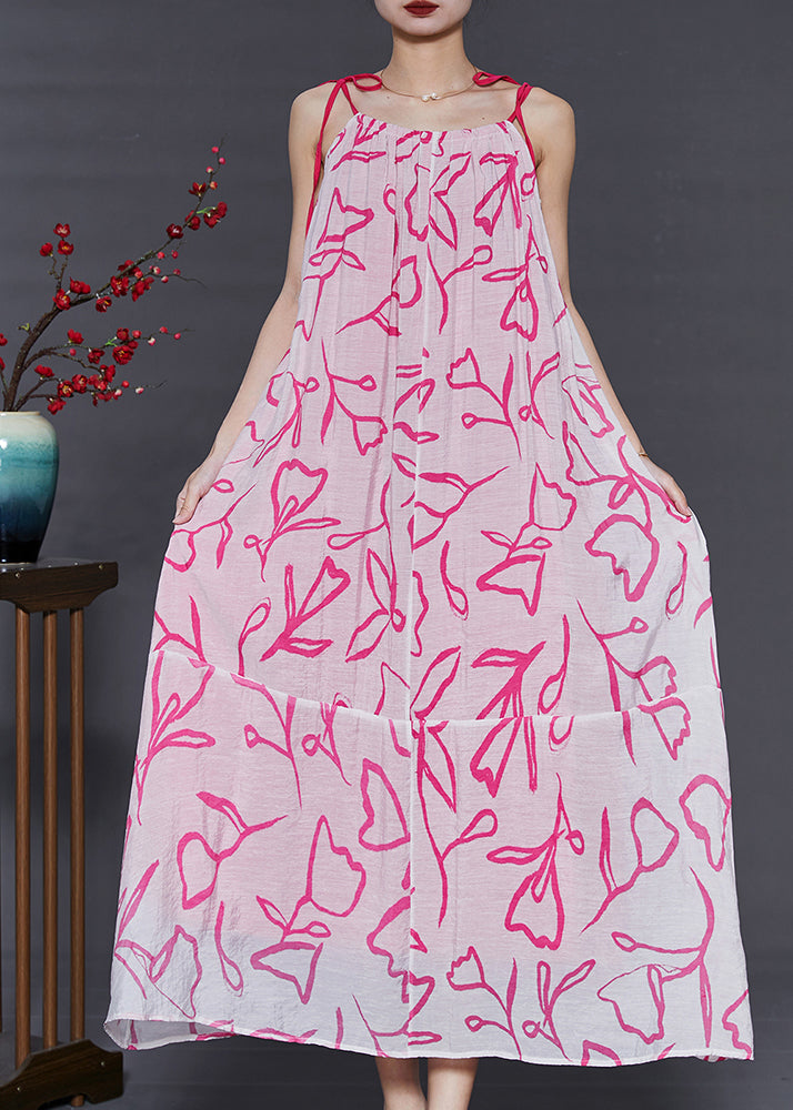 Elegant Pink Cold Shoulder Print ChiffonCotton Summer Dress