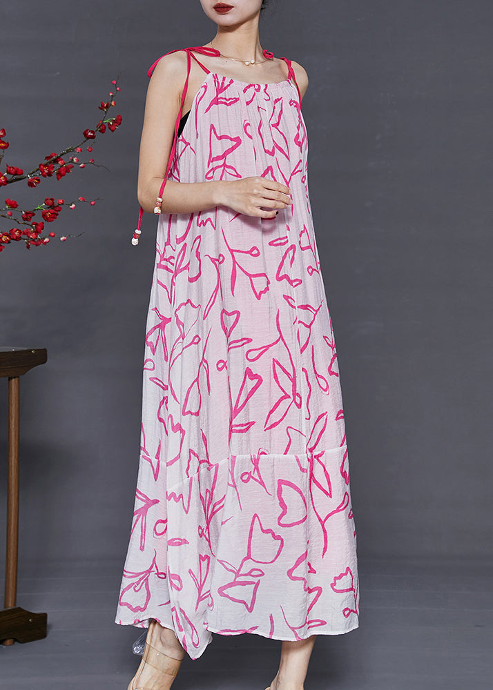 Elegant Pink Cold Shoulder Print ChiffonCotton Summer Dress