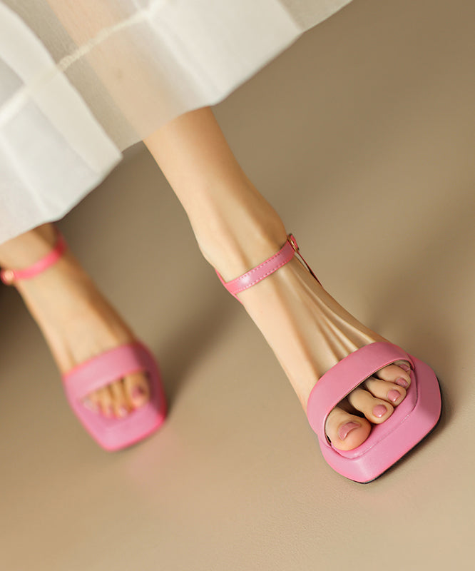 Elegant Pink Cowhide Buckle Strap Platform Leather Sandals