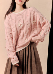 Elegant Pink Cozy Solid Cotton Knit Sweaters O Neck Spring