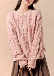 Elegant Pink Cozy Solid Cotton Knit Sweaters O Neck Spring