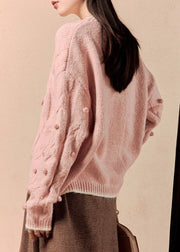 Elegant Pink Cozy Solid Cotton Knit Sweaters O Neck Spring