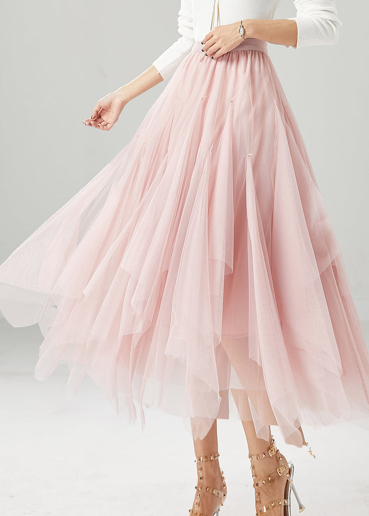 Elegant Pink Elastic Waist Exra Large Hem Tulle Skirts Fall