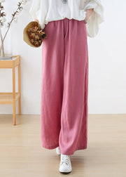 Elegant Pink Elastic Waist Pockets Linen Wide Leg Pants Fall