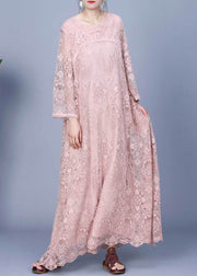 Elegant Pink Embroidered Hollow Out Lace Long Dress Spring
