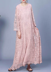 Elegant Pink Embroidered Hollow Out Lace Long Dress Spring