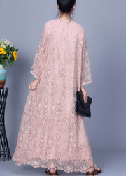 Elegant Pink Embroidered Hollow Out Lace Long Dress Spring