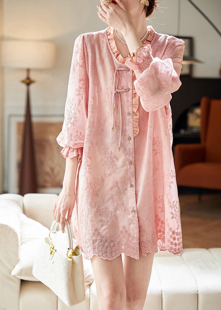 Elegant Pink Embroidered Ruffled Patchwor Button Mid Shirt Dresses Fall