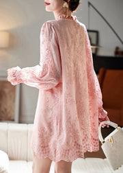 Elegant Pink Embroidered Ruffled Patchwor Button Mid Shirt Dresses Fall