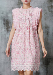 Elegant Pink Embroidered Wrinkled Silk Dress Summer