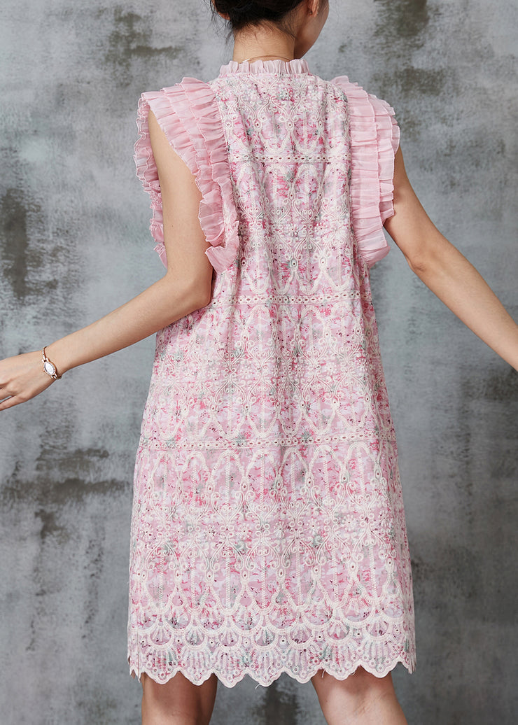 Elegant Pink Embroidered Wrinkled Silk Dress Summer