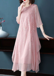 Elegant Pink Embroideried Exra Large Hem Chiffon Dress Summer