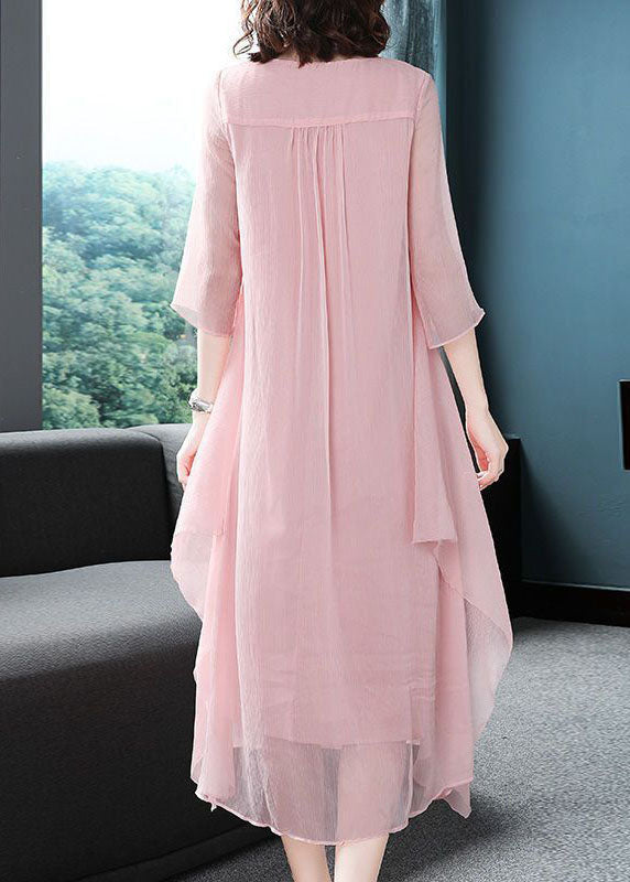 Elegant Pink Embroideried Exra Large Hem Chiffon Dress Summer