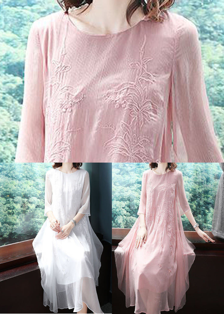 Elegant Pink Embroideried Exra Large Hem Chiffon Dress Summer