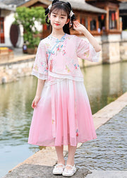 Elegant Pink Embroideried Patchwork Tassel Chiffon Girls Long Dresses Short Sleeve