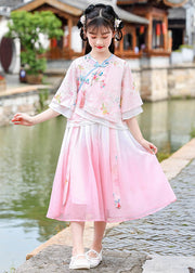 Elegant Pink Embroideried Patchwork Tassel Chiffon Girls Long Dresses Short Sleeve