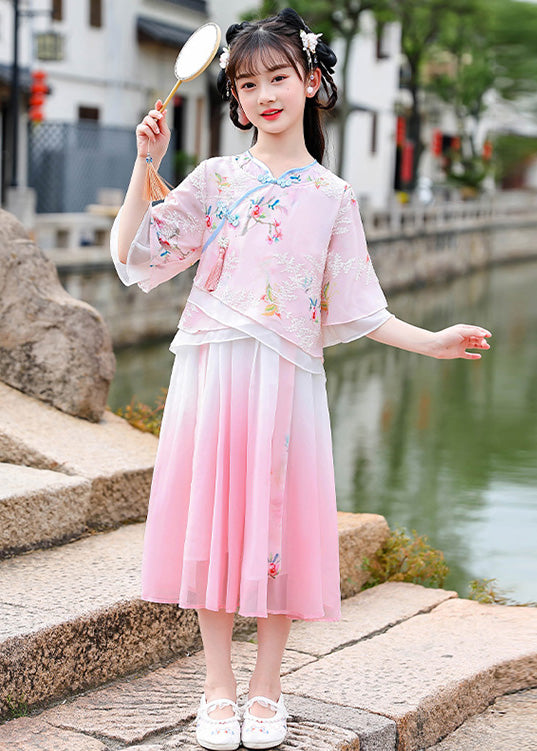 Elegant Pink Embroideried Patchwork Tassel Chiffon Girls Long Dresses Short Sleeve