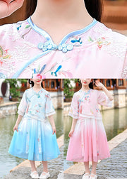 Elegant Pink Embroideried Patchwork Tassel Chiffon Girls Long Dresses Short Sleeve