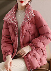 Elegant Pink Embroideried Stand Collar Duck Down Puffers Jackets Winter