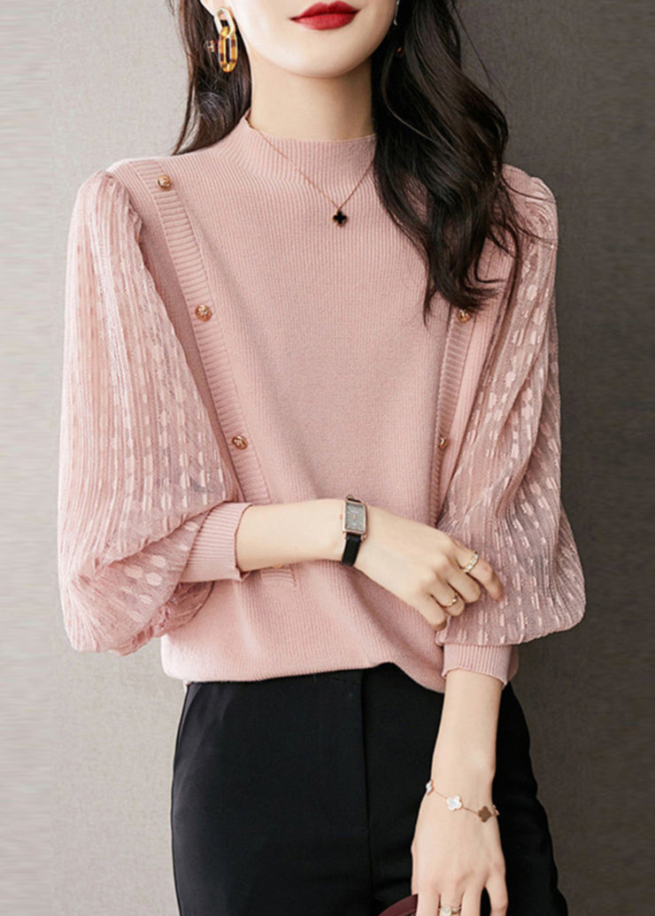 Elegant Pink Half High Neck Patchwork Knit Pullover Spring